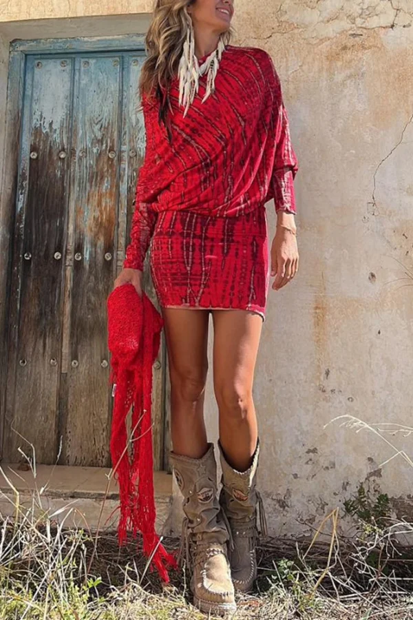 RY Coastal Bliss Tie-dye Print Dolman Sleeve Stretch Mini Dress