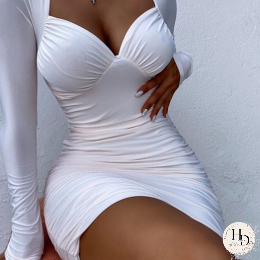 New Fashion Women Print V-neck Long Sleeved Package Hip Mini Dress Party Club Bodycon Dress