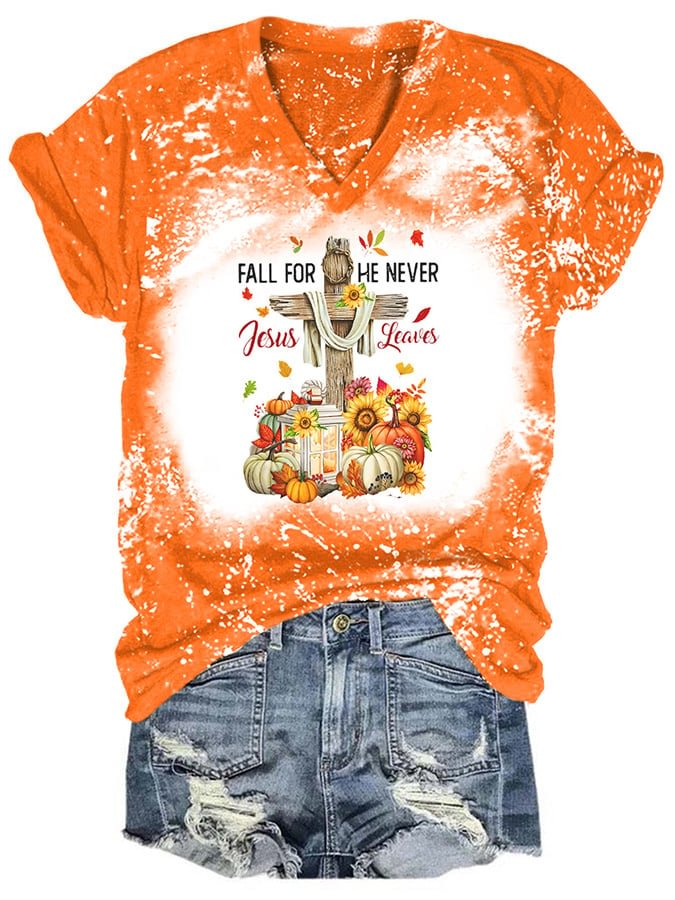 Women's Fall For Jesus He Never Leaves Cross Print Casual T-shirt