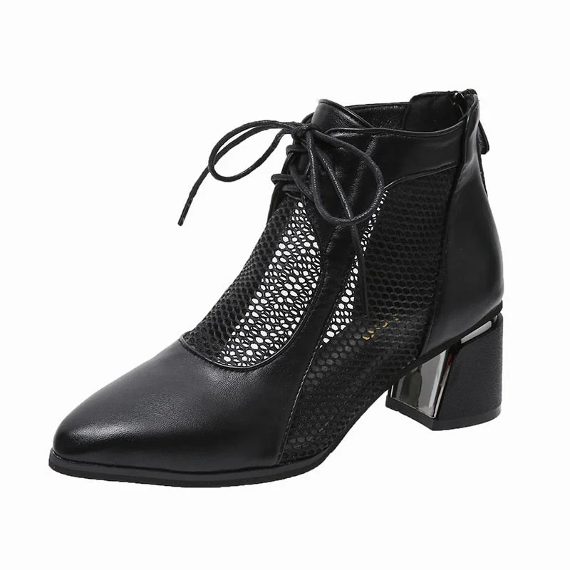 2022 Summer Sexy Black Ankle Boots For Women Mesh Breathable High Heels Botas De Mujer Pointed Toe Thick Heeled Sandals