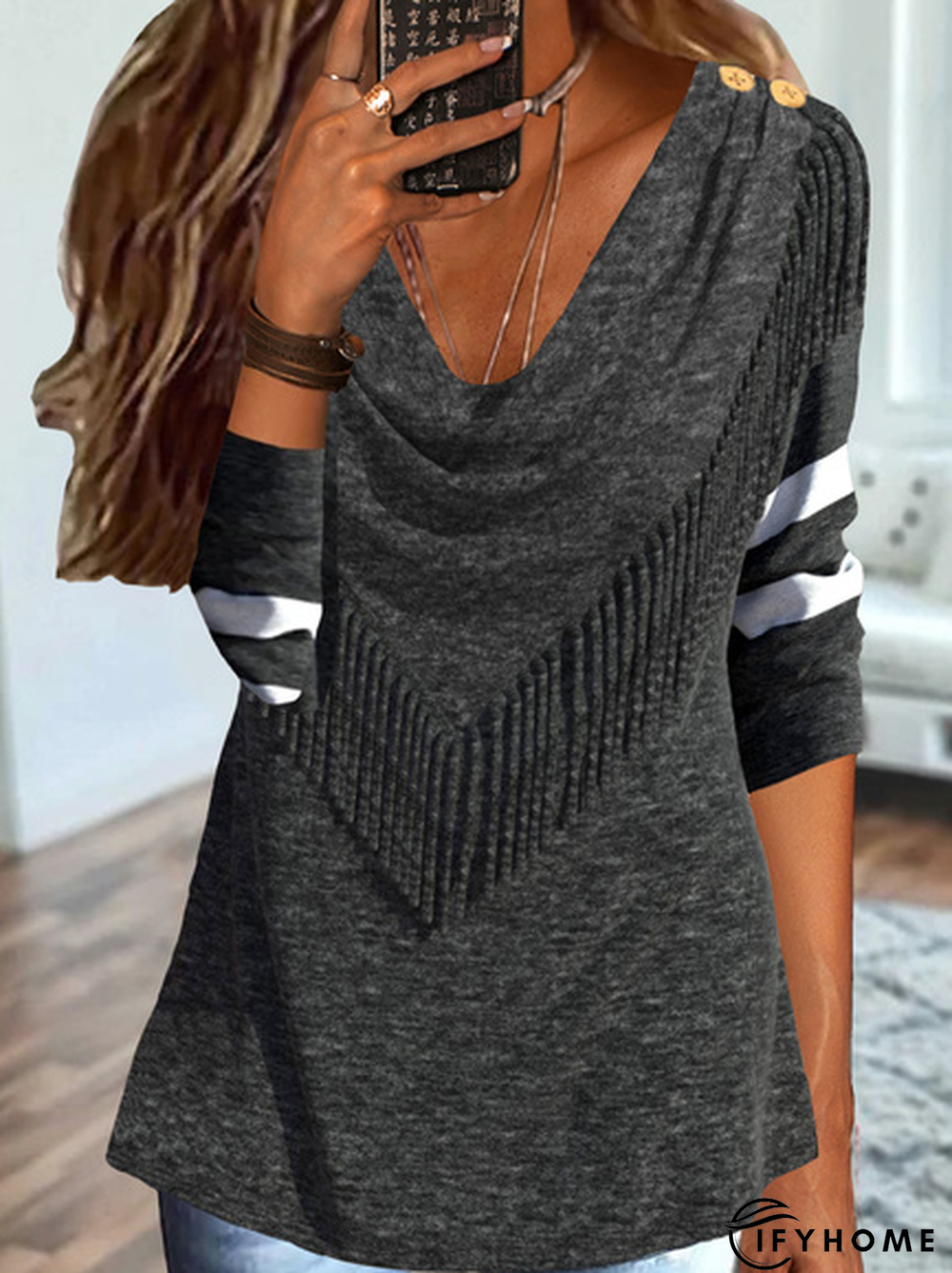 Casual Long sleeve V neck Loose Top | IFYHOME