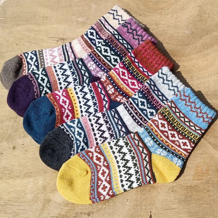 Retro-Ethno-Kreuzblumen-Socken, mittelgroß, 5 Paar
