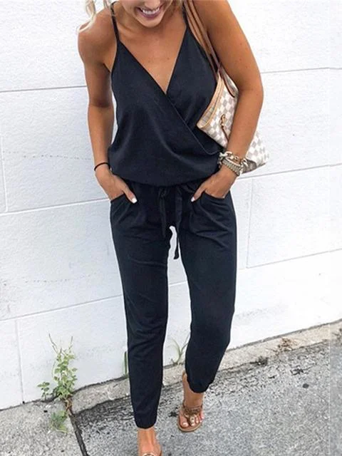 Casual Solid Color V-Neck Lace-Up Jumpsuit