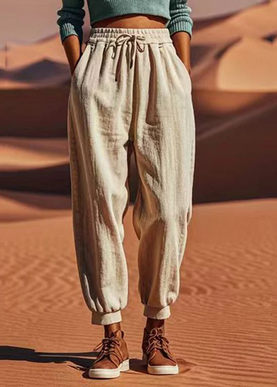 Casual Light Khaki Tie Waist Beam Pants Summer