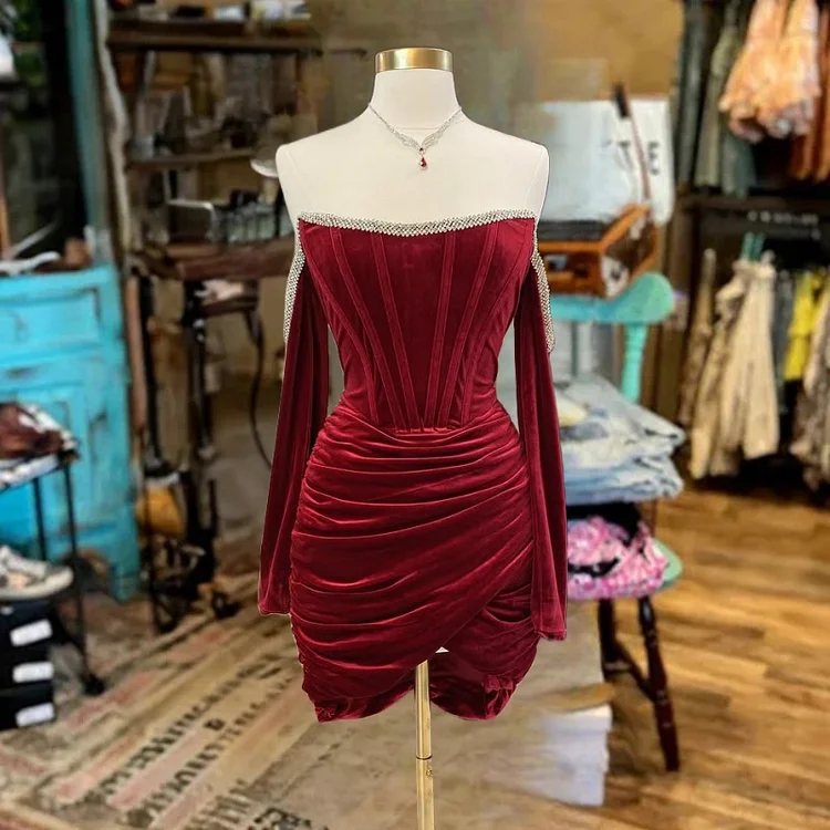 Elegant Women Long Sleeve Backlesss Dress -Red