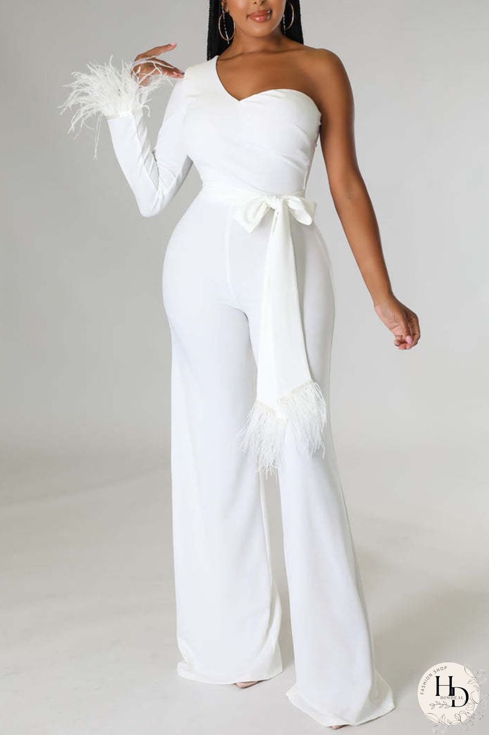 Black Casual Solid Bandage Patchwork Feathers Asymmetrical Collar Regular Jumpsuits