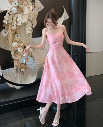 Churchf Churchf Temperament Sexy Dew Back Broken Flower Condole Belt Skirt Female 2024 Summer New Style Dozen Pull Collect Waist Thin Money Chiffon Dress