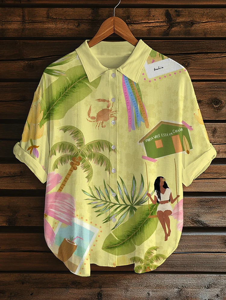 Women's Seaside Resort Tropical Scenery Print Short Sleeve Shirt