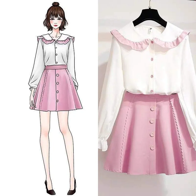 Pink/Black Sweet Casual Cute Outfit 2 Piece Shirt Skirt Set SP16003