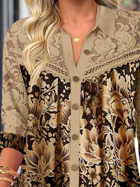 Women Long Sleeve Shirt Collar Floral Printed Graphic Lace Button Tops