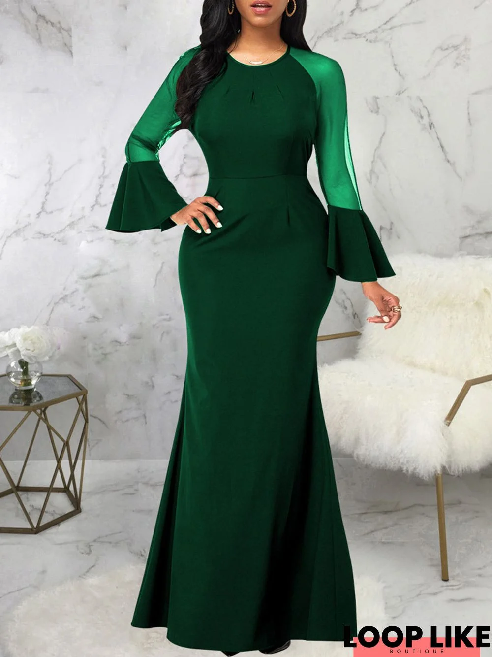 Mesh Fishtail Long Sleeve Formal Maxi Dress