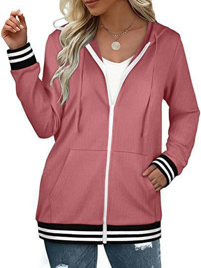 Women's Plain Zip Hooded Striped Sweatshirt Long Sleeve Jacket Top