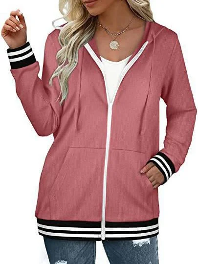 Women's Plain Zip Hooded Striped Sweatshirt Long Sleeve Jacket Top
