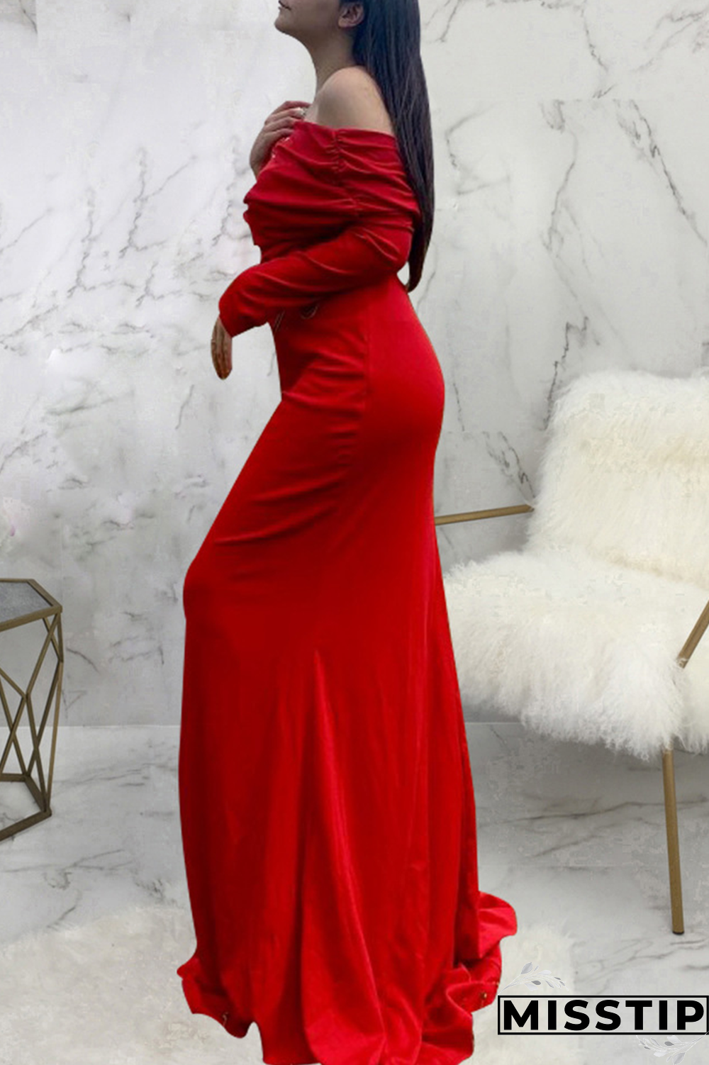 White Street Solid Patchwork One Shoulder Trumpet Mermaid Dresses