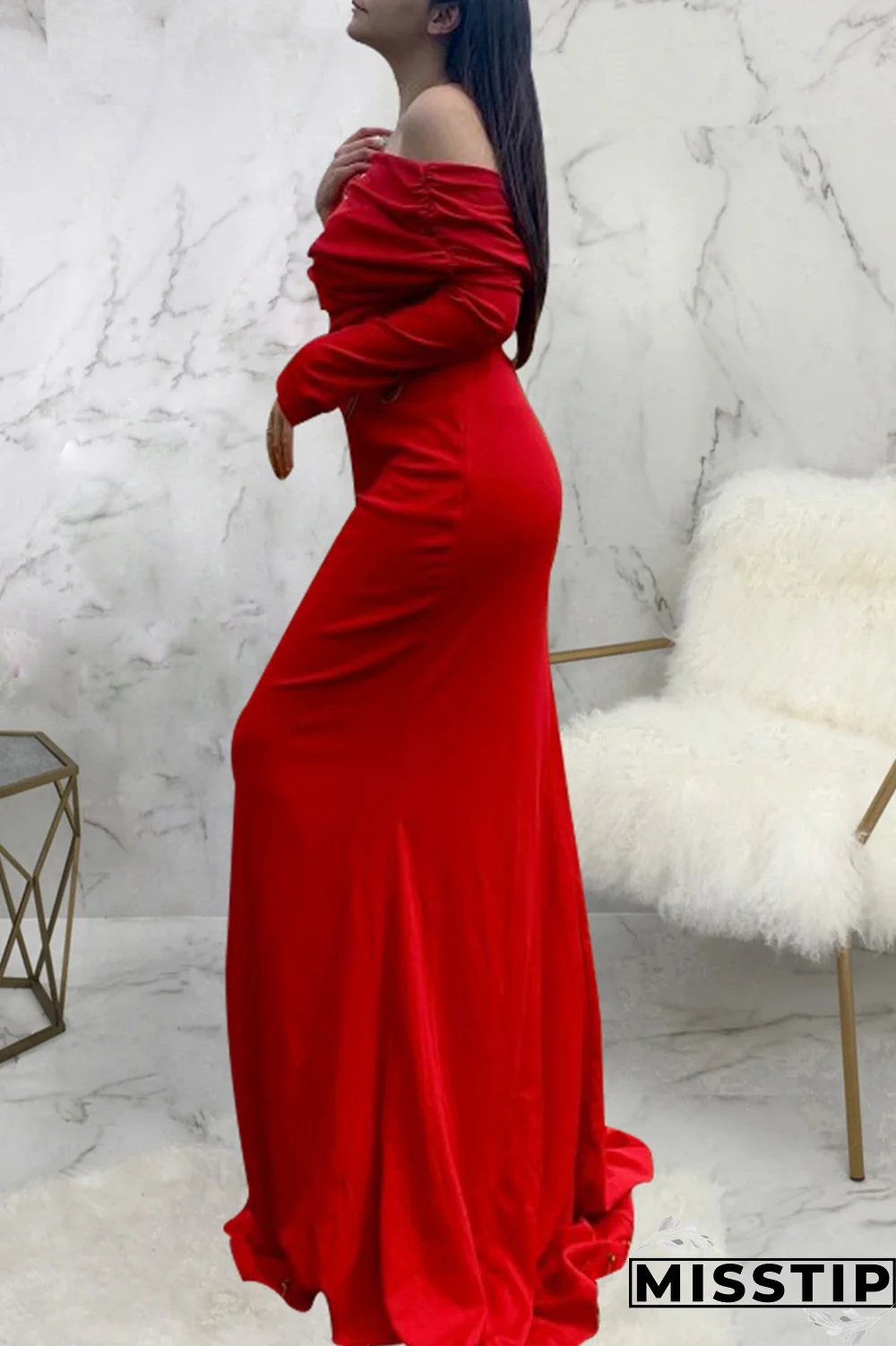 White Street Solid Patchwork One Shoulder Trumpet Mermaid Dresses