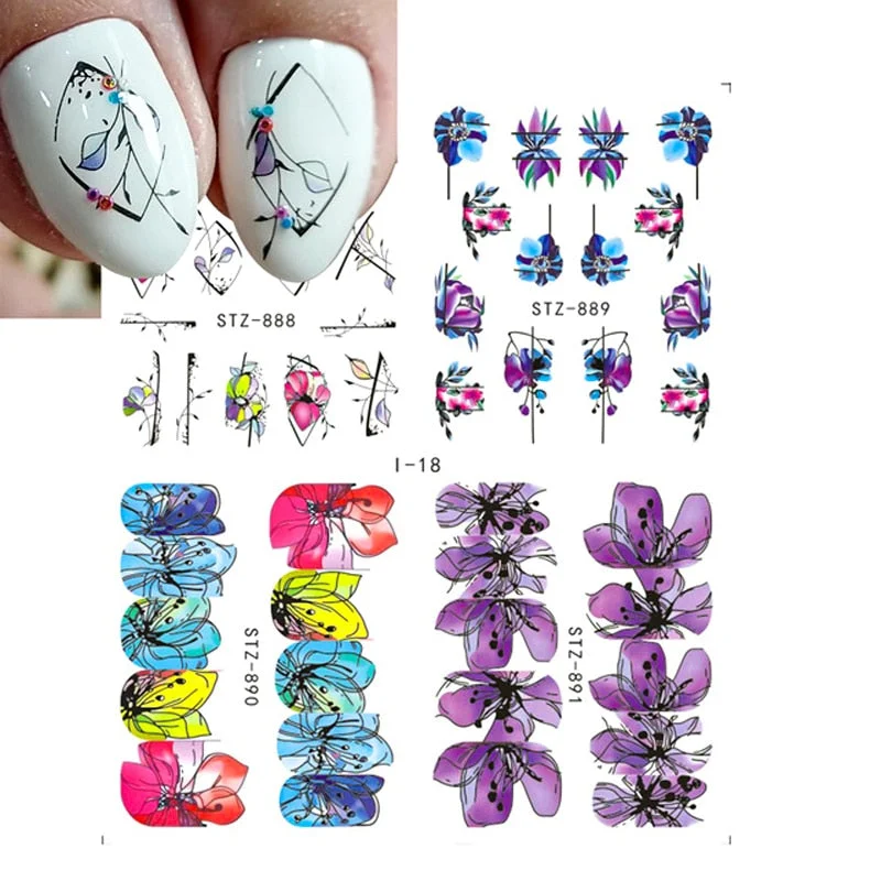 Nail Stickers Water Transfer Flowers Abstract Art Designs 4Pcs/Set Nail Decal Decoration Tips For Beauty Salons-Nail Inspo