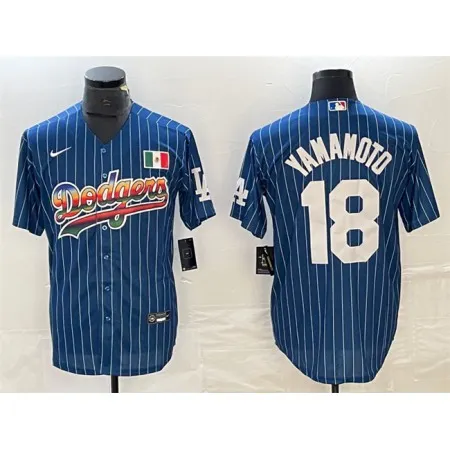Men's Los Angeles Dodgers #18 Yoshinobu Yamamoto Navy Cool Base With Patch Stitched Baseball Jersey TW2S