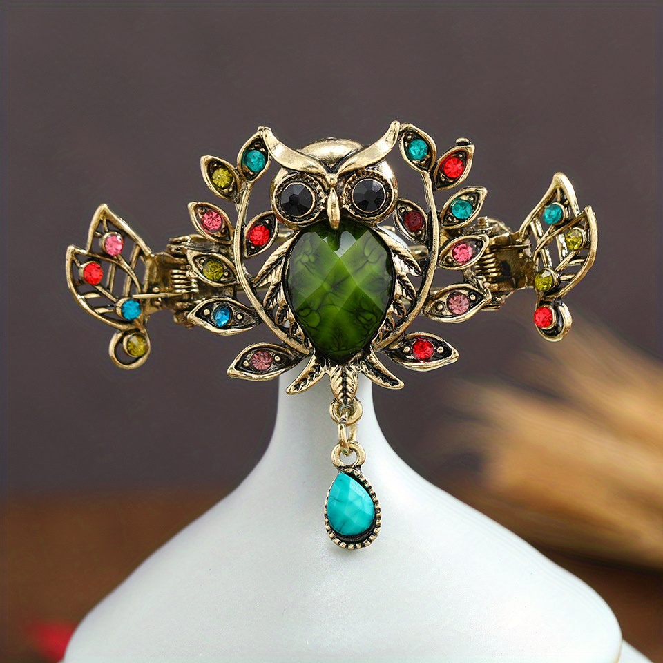 Vintage Alloy Hair Claw Rhinestone Owl Shaped Hair Clip With Tassel Elegant Hair Accessories For Ponytail Holder Women   Hair Clip