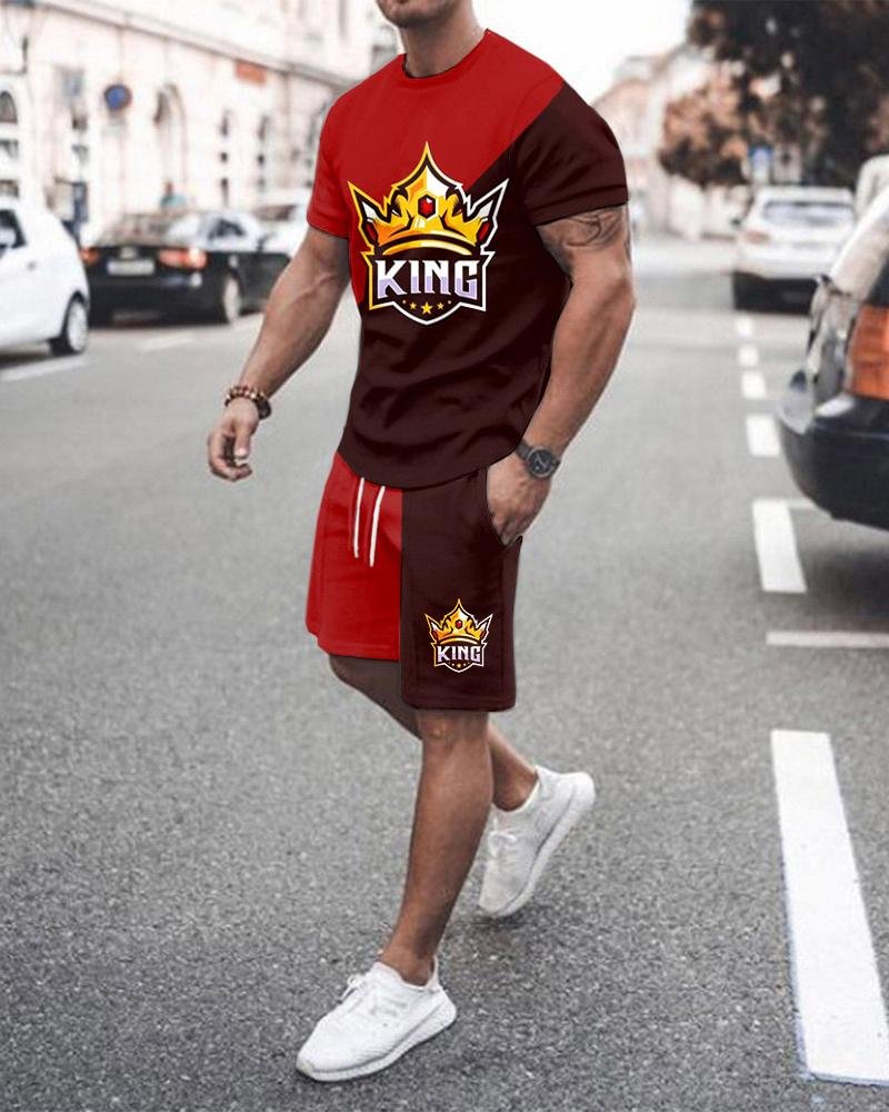 men's black and red stitching printing casual sports suit