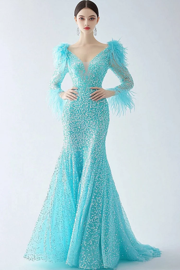 Rhinestone Feather Long Sleeve Fishtail Maxi Dress-Blue [Custom-Made]