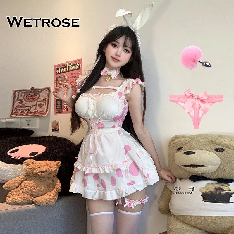 [Wetrose] In Stock Cow Girl Sexy Lingrie Black Pink Milk Maid Bunny Girl Cosplay Costume Hot Horney Erotic Crotchless Women Suit