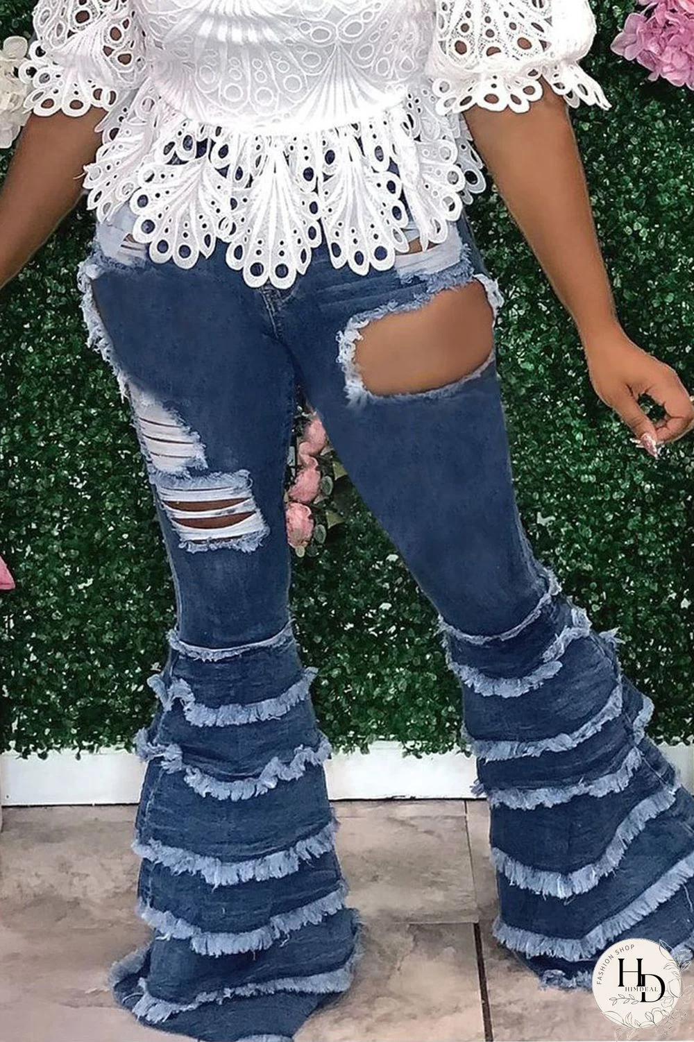 Dark Blue Sexy Solid Ripped High Waist Regular Denim