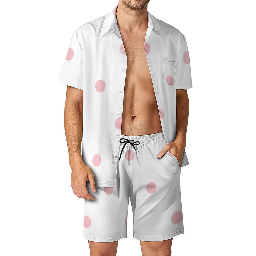 Pink Polka Dot Pink And White Men Hawaiian 2 Piece Outfit Vintage Button Down Beach Shirt Shorts Set Tracksuit with Pockets