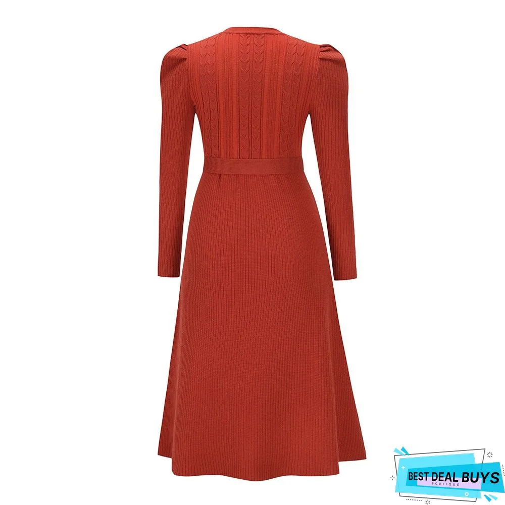 Bubble Long Sleeve Knitted Skirt Medium Long Wool Dress Black Dresses