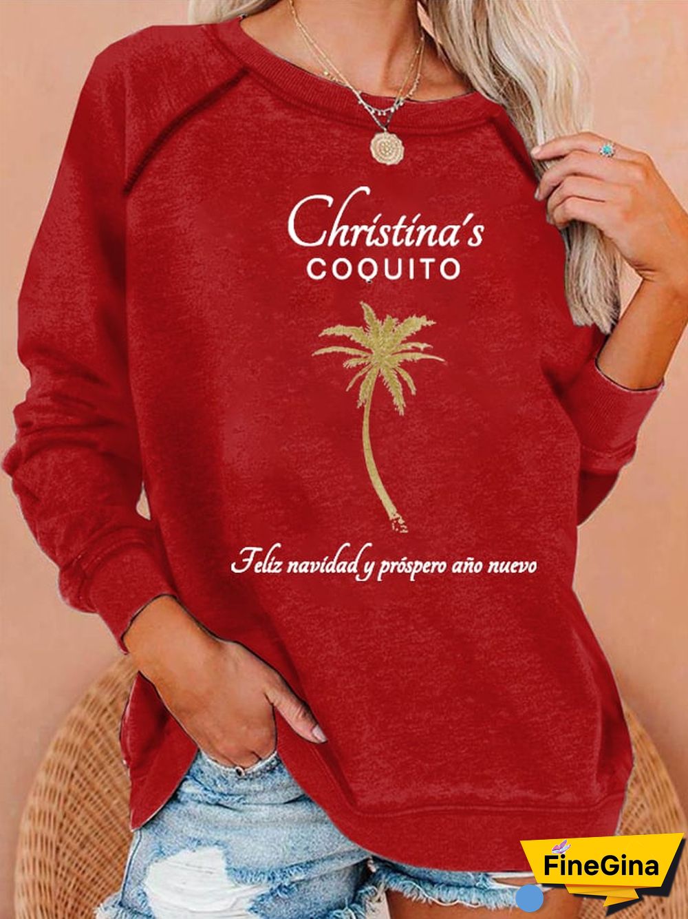 Women's Christmas Goldtone Palm Tree Print Casual Sweatshirt