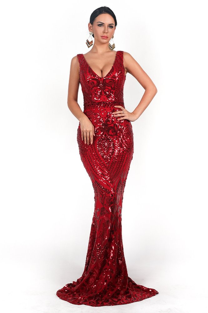 red sequins mermaid long prom dress