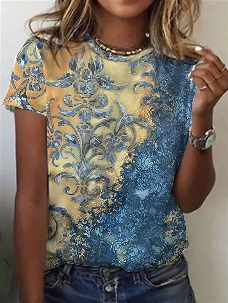 Women's Flower Print Short Sleeve Round Neck Casual Top T-Shirt