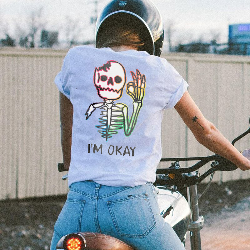 Multicolored Skull Bone I’M OK Couple Models T-Shirt