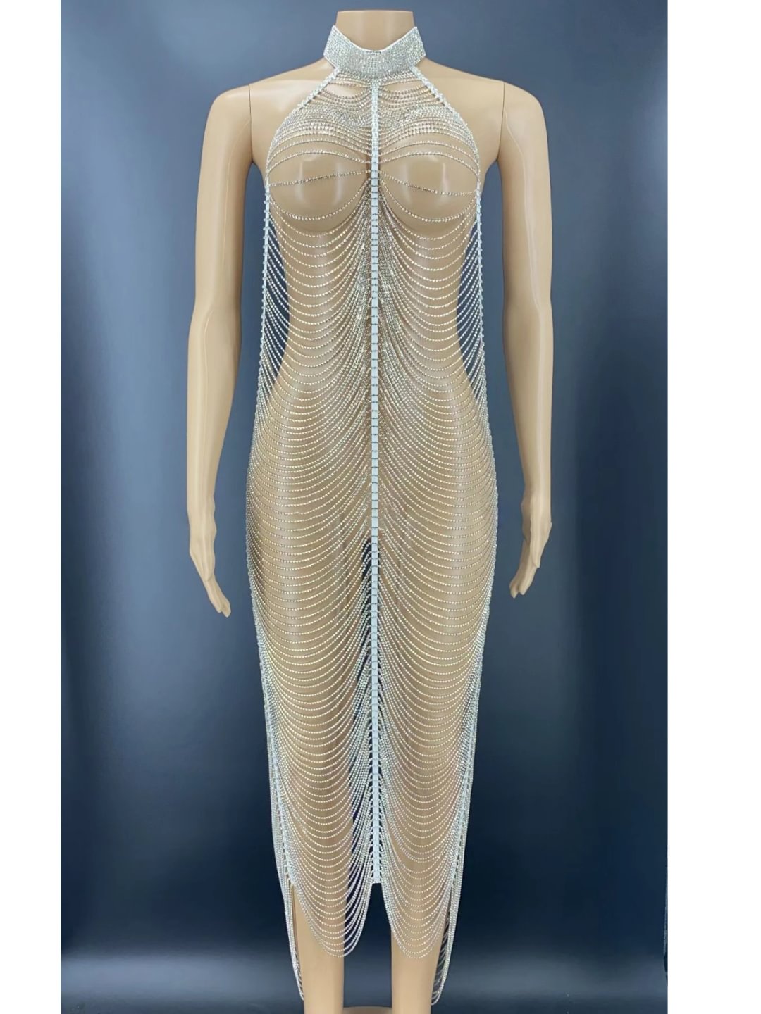 Rhinestone tassel elegant evening dress-zachics