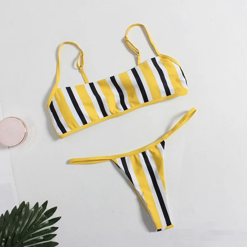 2020 New sexy bikini set backless swimwear women striped swimsuit bathing suit female solid biquini Brazilian Monokini Beachwear