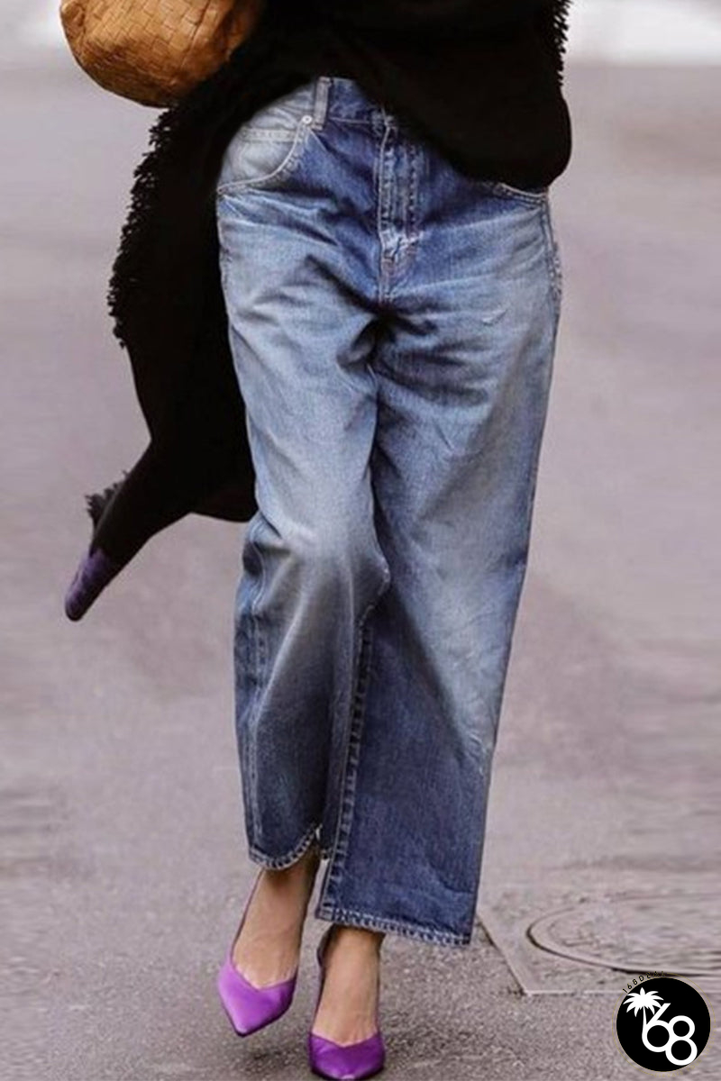 Fashion Gradual Change Patchwork Mid Waist Straight Denim Jeans | 168DEAL
