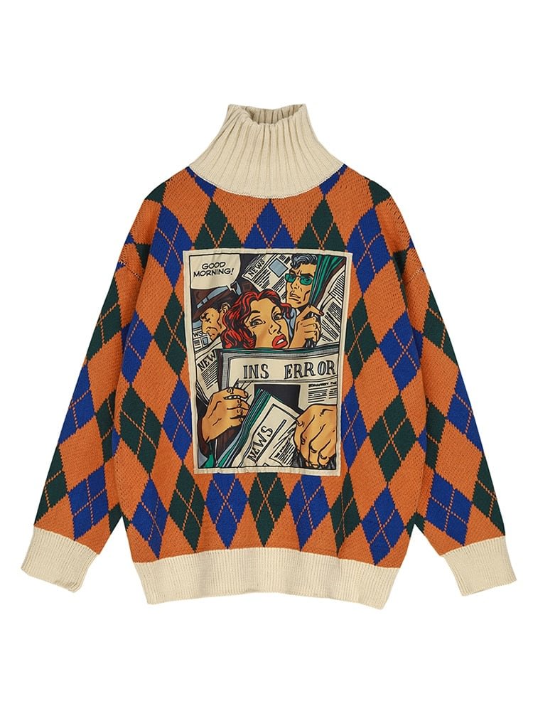 2021 Turtleneck Women Sweaters Autumn Winter Tops Loose Women Chic Pullover Knitted Sweater Jumper Soft Warm Printing Hip-pop