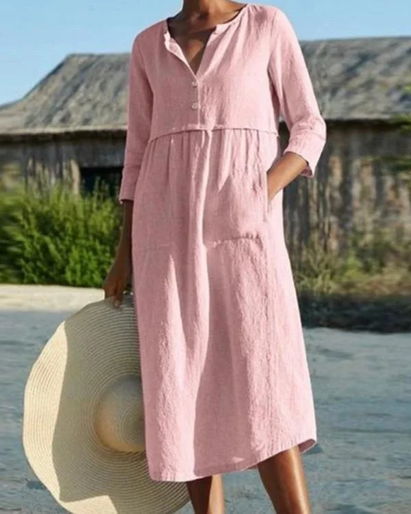 cotton and linen pocket 3 4 sleeve dress p240466