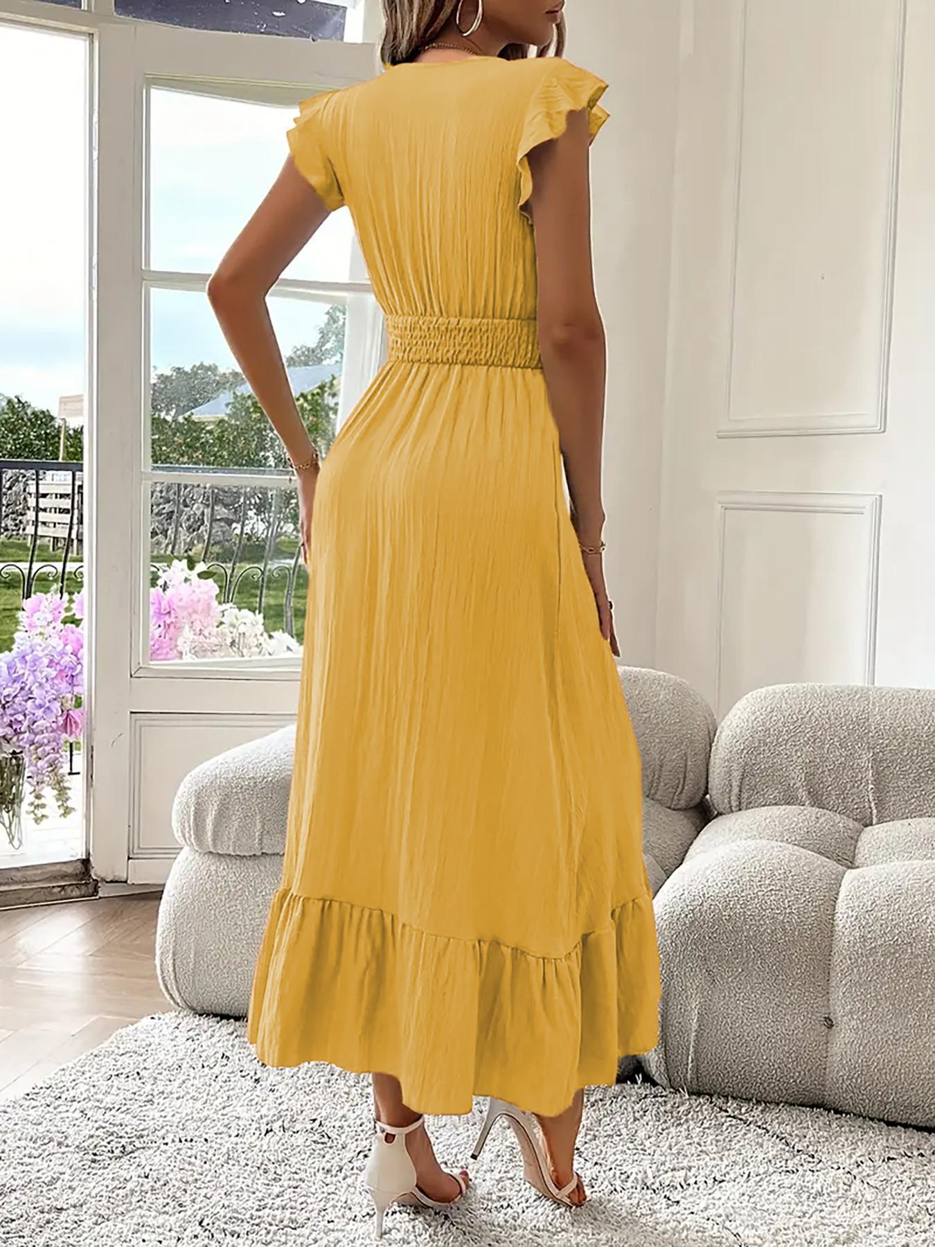 Women's Plain Shirred V Neck Dress, Elegant Fashion Casual Long Dress for Daily Outdoor Wear, Women's Dress for Summer