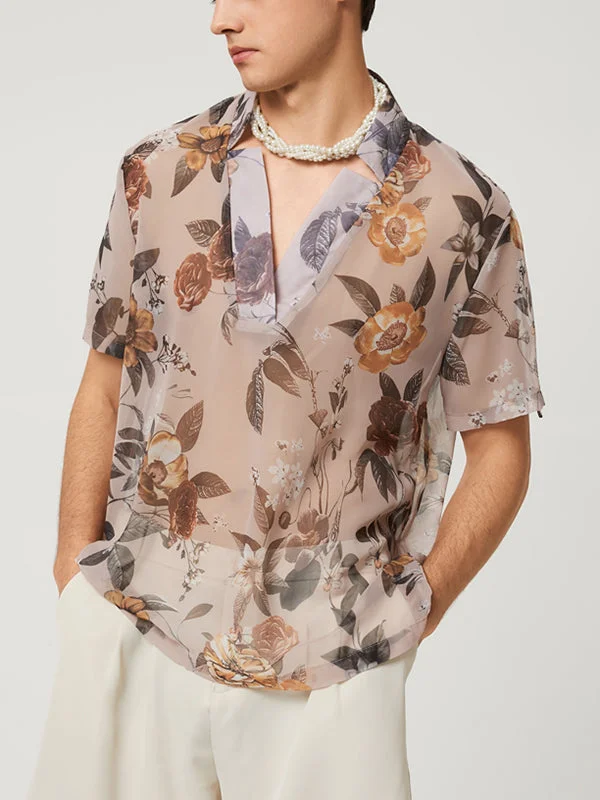 Aonga - Mens Print Semi Transparent V-Neck Short Sleeve ShirtsI