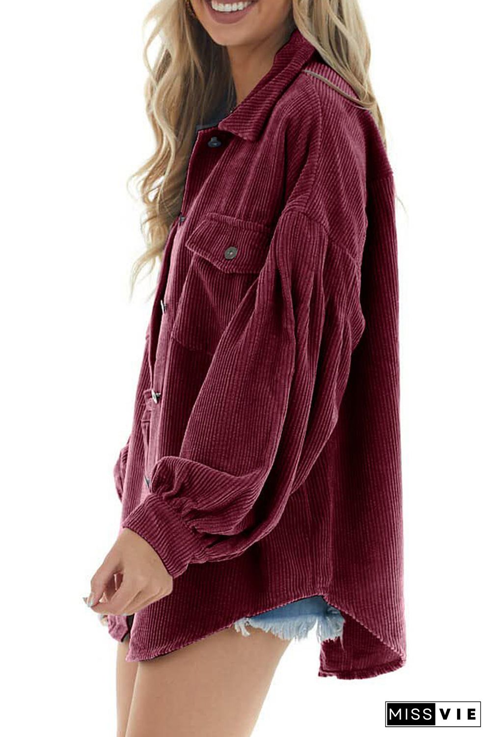 Lantern Sleeve Button Pockets Corduroy Shirt