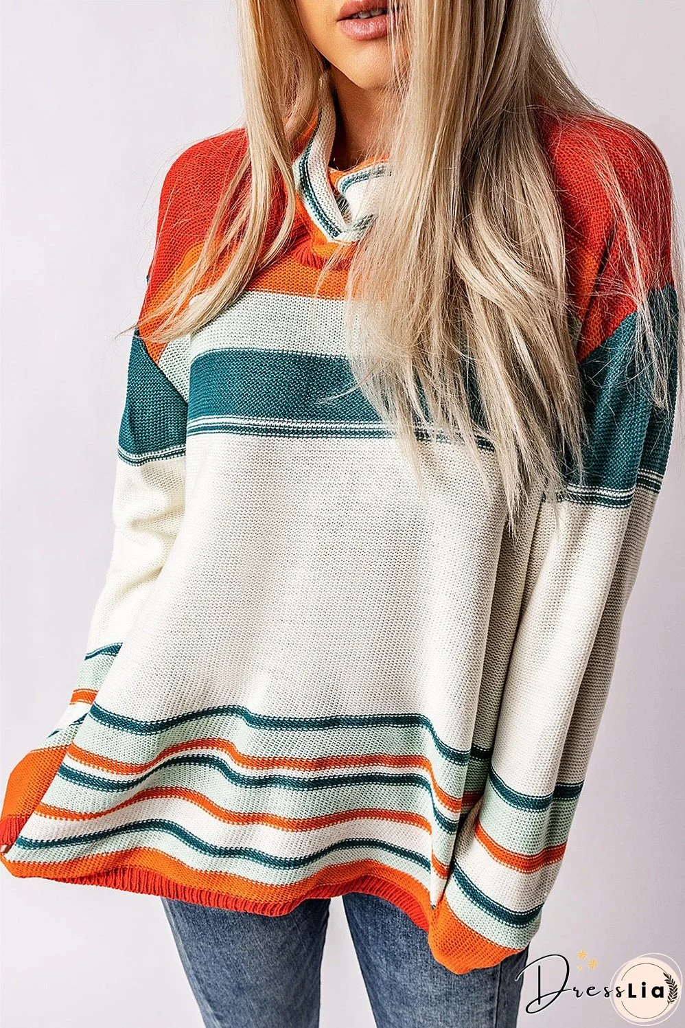 Orange Striped Cowl Neck Knit Sweater