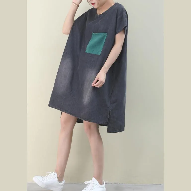 Women denim black Cotton clothes Women o neck green pockets Midi Dresses