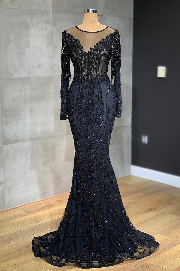 Long Sleeves Glamorous Black Beadings Evening Dress With Appliques | Risias