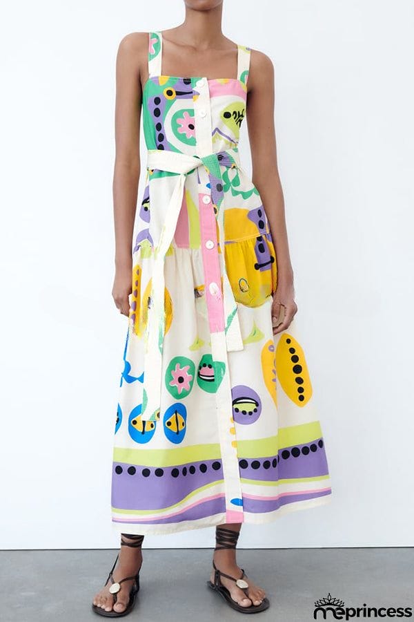 Summer Picnic Unique Print Straight Neck Button Belted Midi Dress