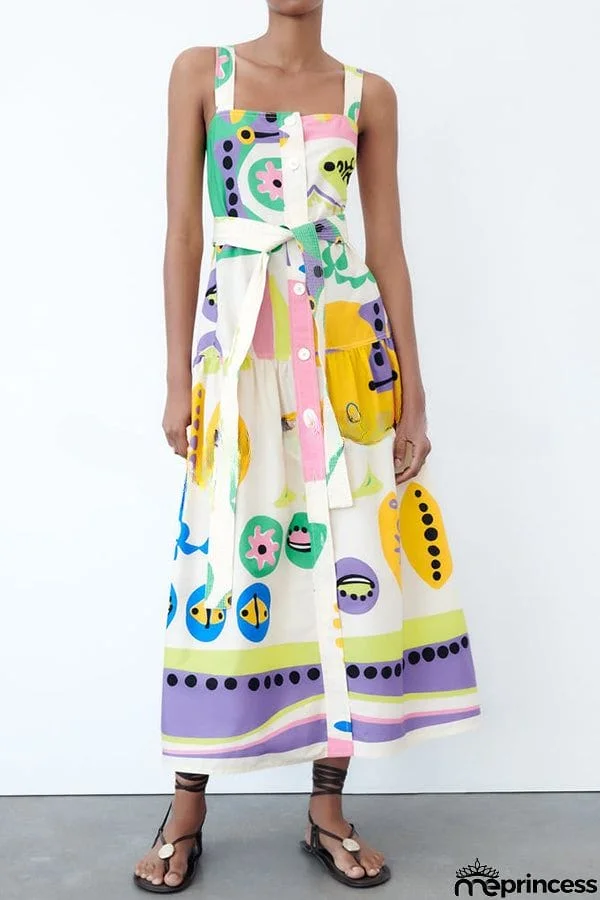 Summer Picnic Unique Print Straight Neck Button Belted Midi Dress