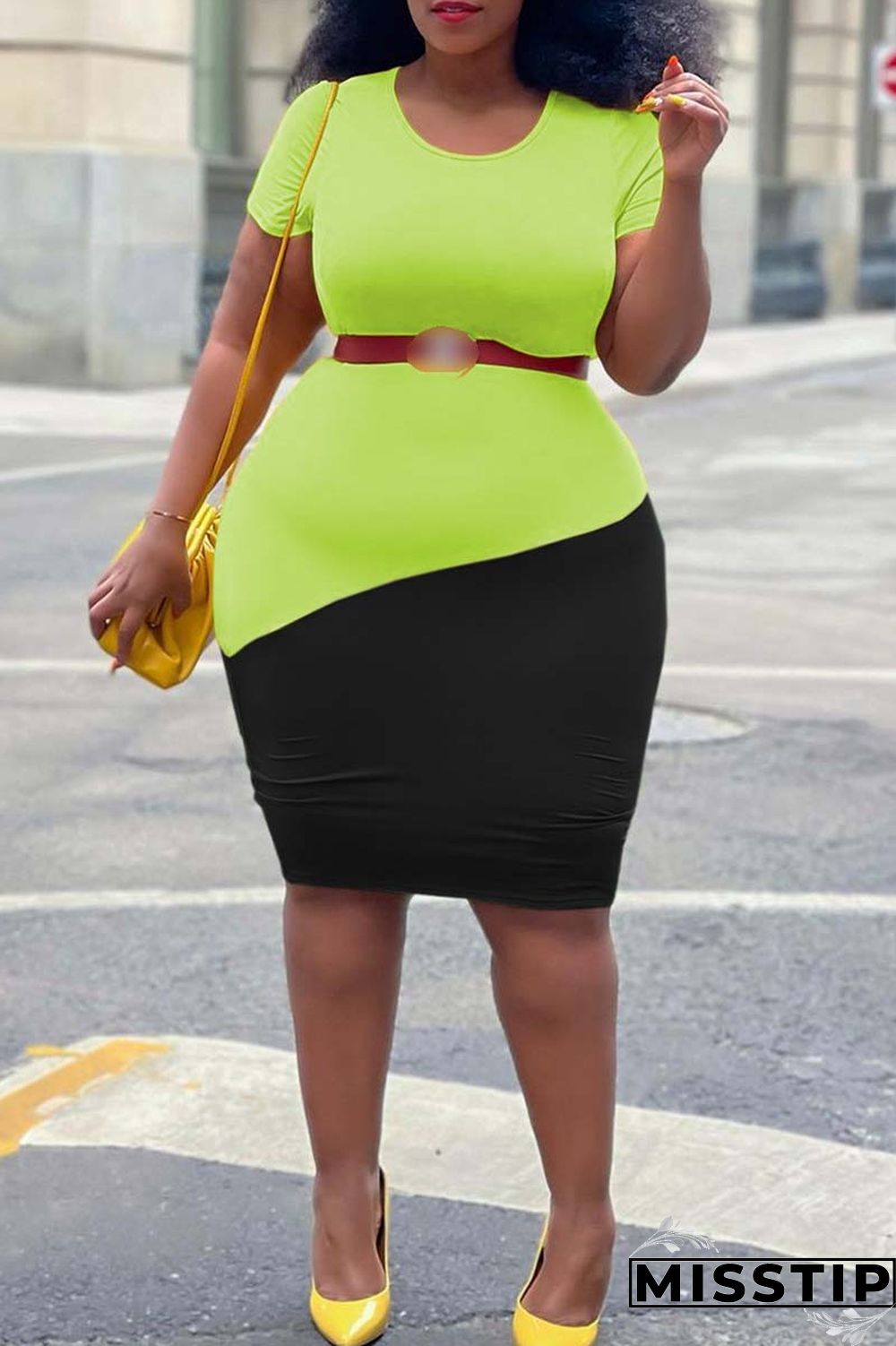 Black Green Fashion Casual Plus Size Patchwork Without Belt O Neck Short Sleeve Dress