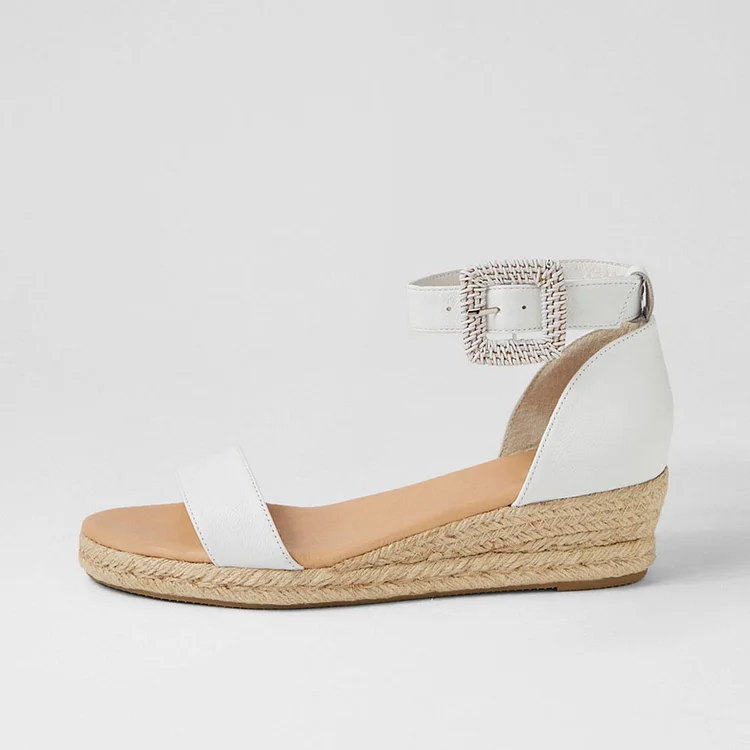 White Open Toe Buckle Ankle Strap Espadrille Sandals with Wedge Heels |FSJ Shoes