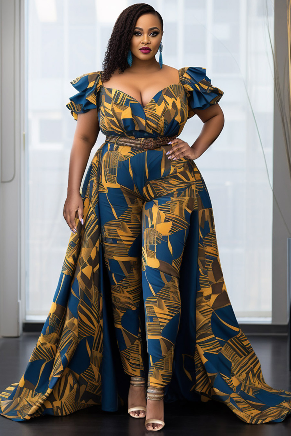 Xpluswear Design Plus Size Formal Multicolor Elegant African Ankara Square Neck Flutter Sleeve Short Sleeve Detachable Overskirt Ruffle Jumpsuits [Pre-Order]