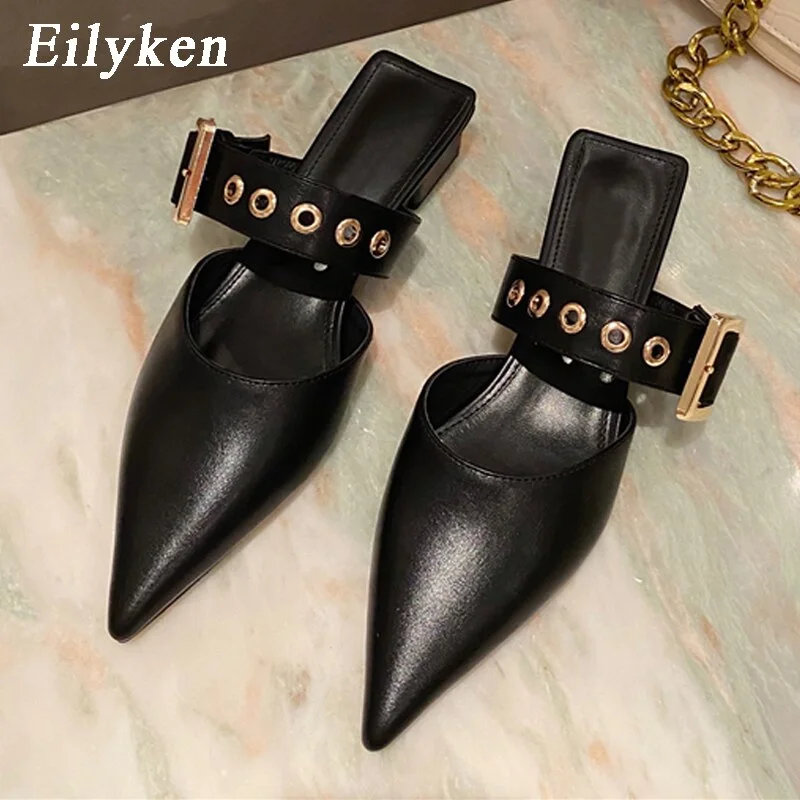 2022 Spring New Rivet Women Slipper Fashion Pointed Toe Slip On Mules Shoes Low Heel Ladies Outdoor Slides