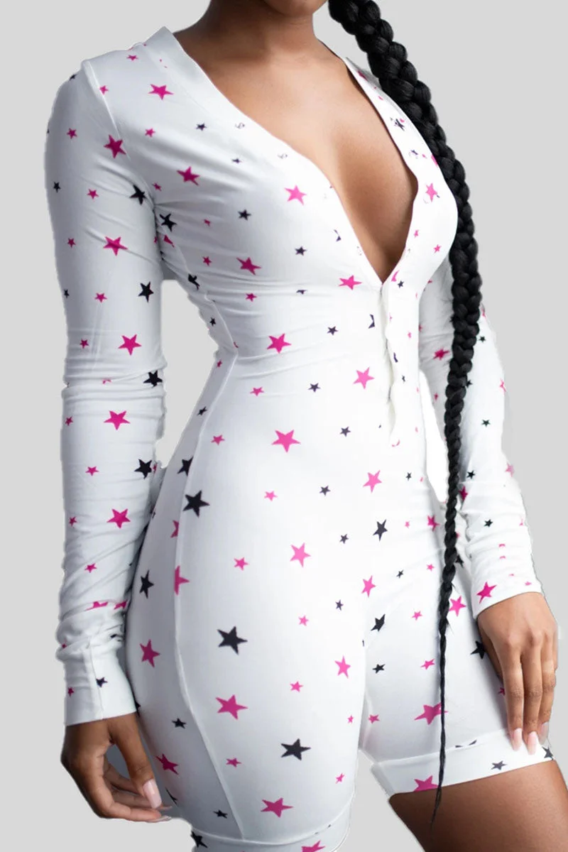 Casual Sportswear Print Patchwork Buckle V Neck Skinny Jumpsuits